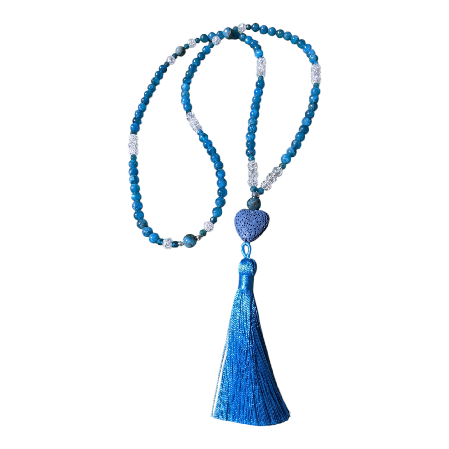 Mala: Blue Apatite with Cracked Crystal and Cornflower Blue Tassel