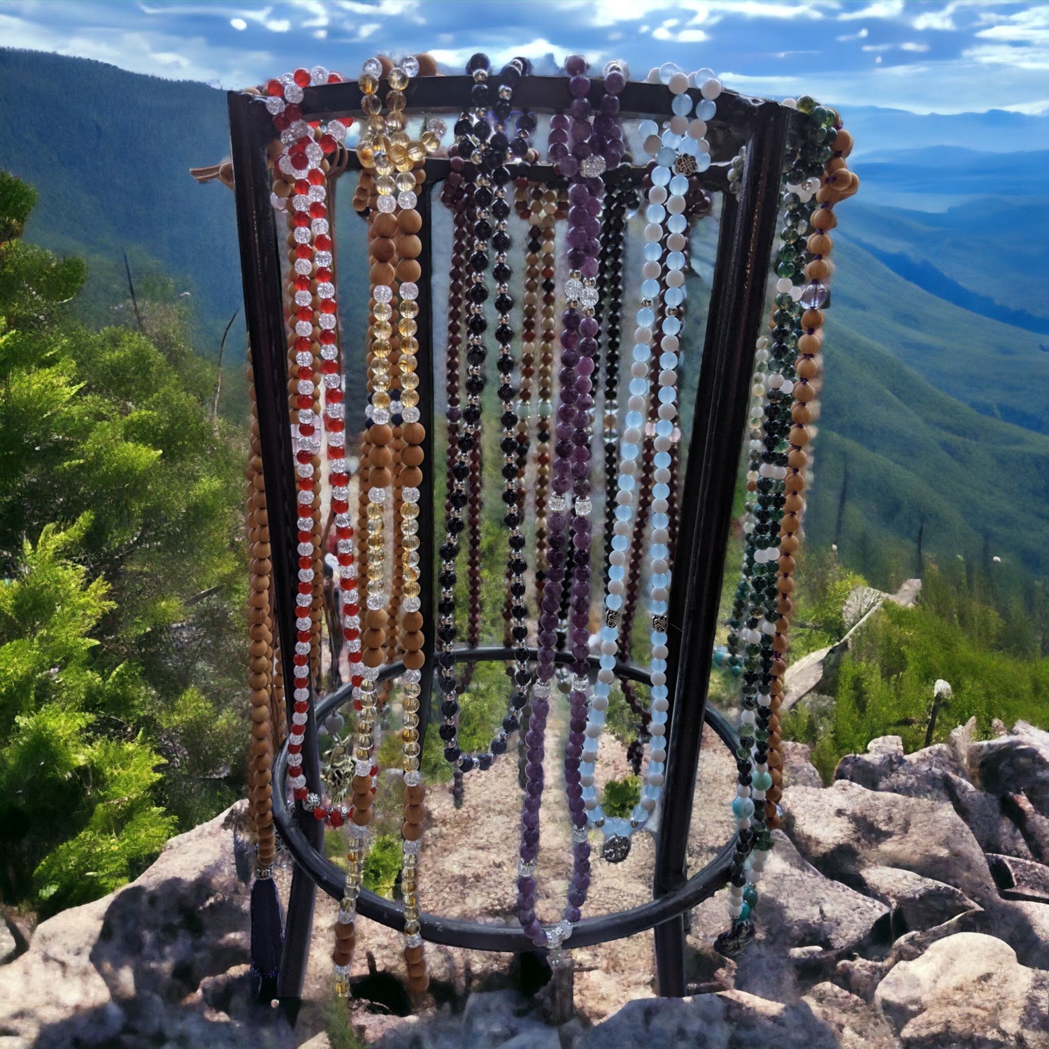 Bead necklaces on a stand