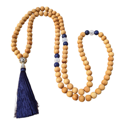 Mala: Sandalwood with Cracked Crystal, Blue Chalcony and a Dark Blue Tassel