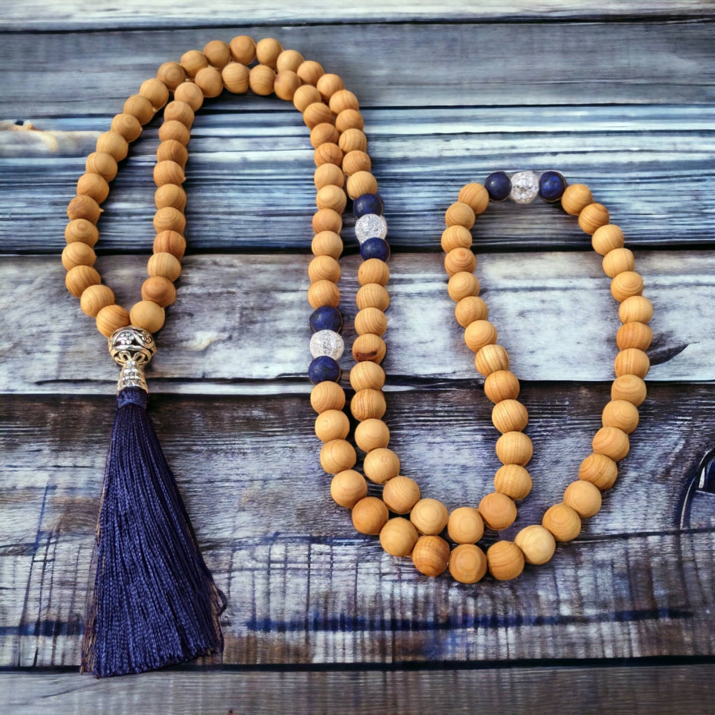 Mala: Sandalwood with Cracked Crystal, Blue Chalcony and a Dark Blue Tassel