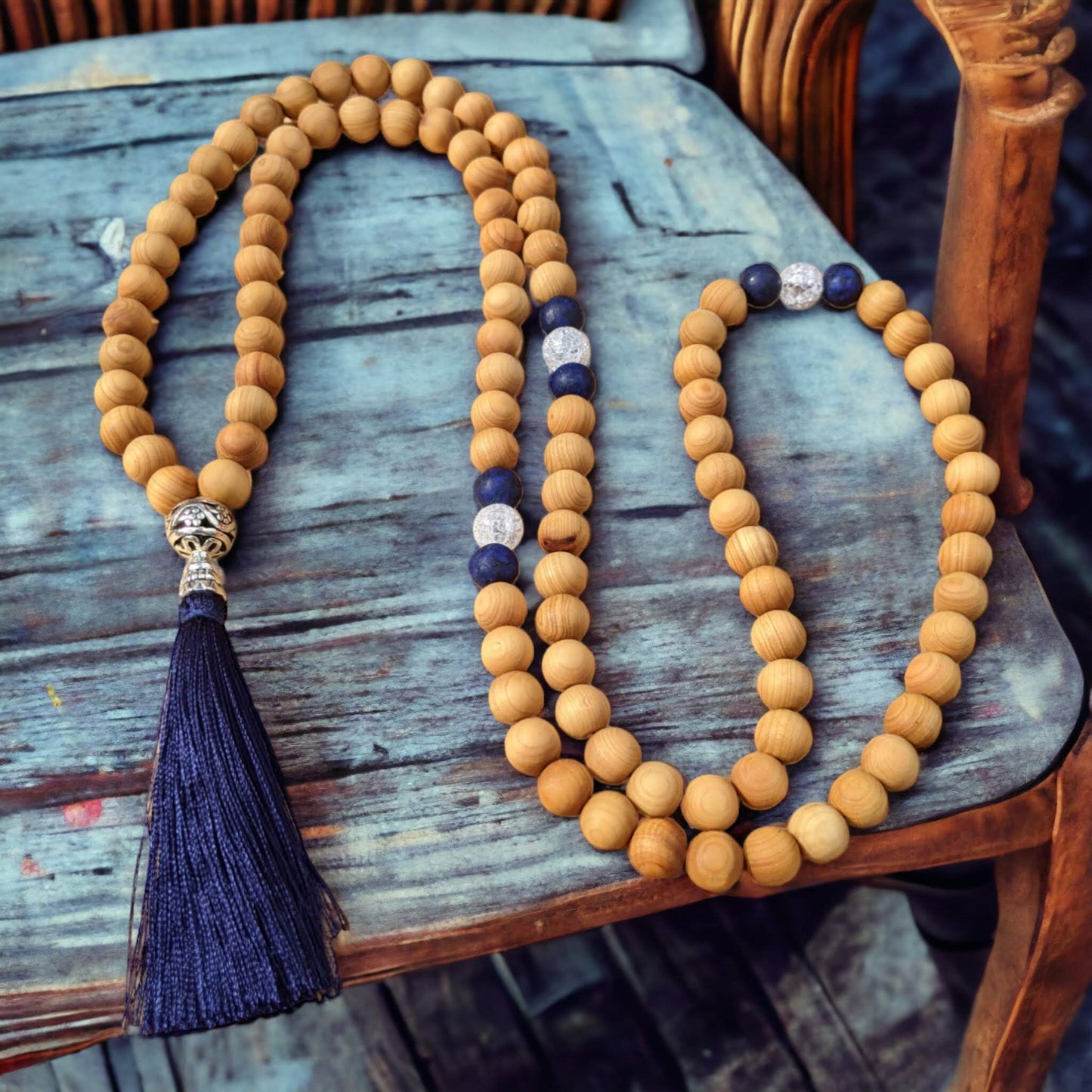 Mala: Sandalwood with Cracked Crystal, Blue Chalcony and a Dark Blue Tassel