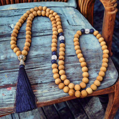 Mala: Sandalwood with Cracked Crystal, Blue Chalcony and a Dark Blue Tassel