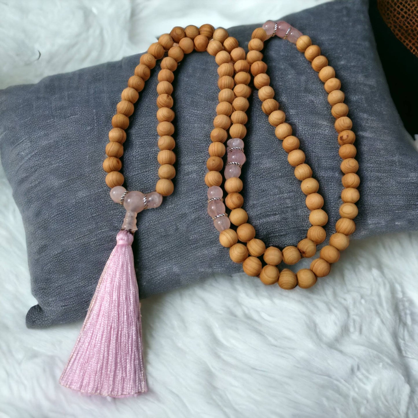 Mala: Sandalwood with Rose Quartz and a Pink Tassel