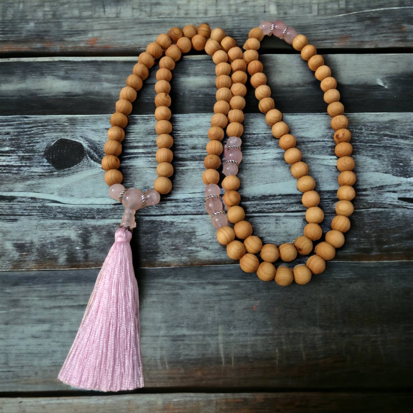 Mala: Sandalwood with Rose Quartz and a Pink Tassel