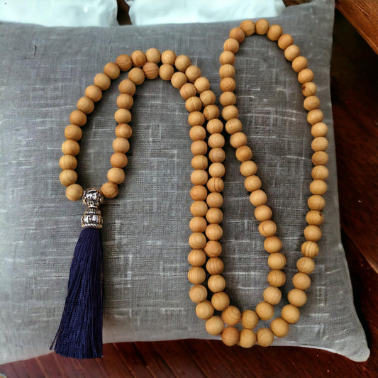 Mala: Sandalwood with Dark Blue Tassel