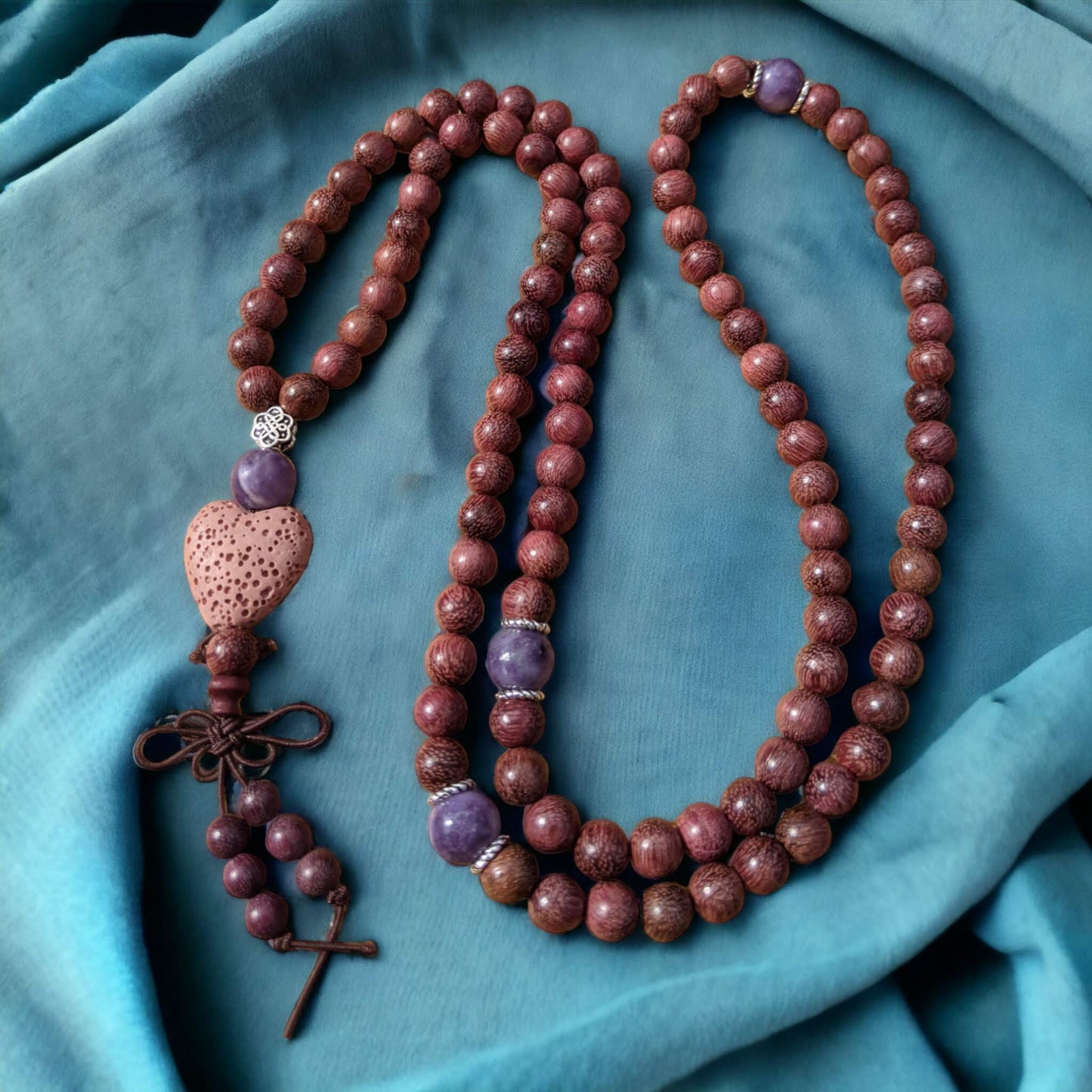 Mala: Rosewood with Lepidolite and 925 Silver Finishes