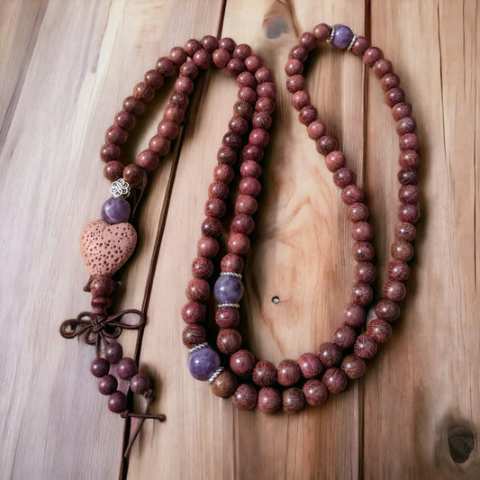 Mala: Rosewood with Lepidolite and 925 Silver Finishes