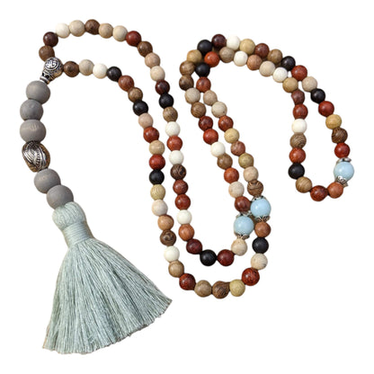 Mala: Mixed Woods with Amazonite and Silver and Pewter Finishes