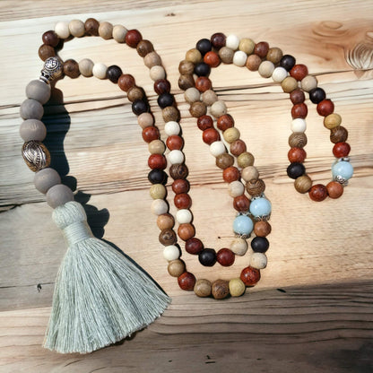 Mala: Mixed Woods with Amazonite and Silver and Pewter Finishes