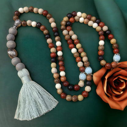 Mala: Mixed Woods with Amazonite and Silver and Pewter Finishes