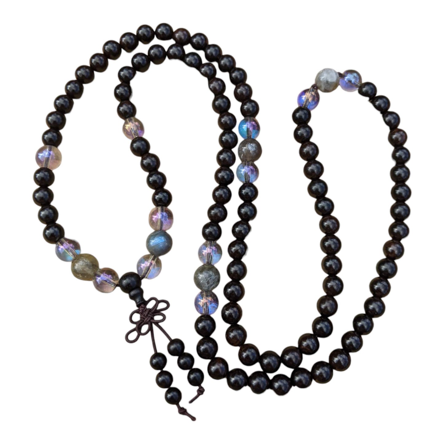 Mala: Mahogany with Blue Neon Crystal and Labradorite