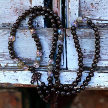 Mala: Mahogany with Blue Neon Crystal and Labradorite