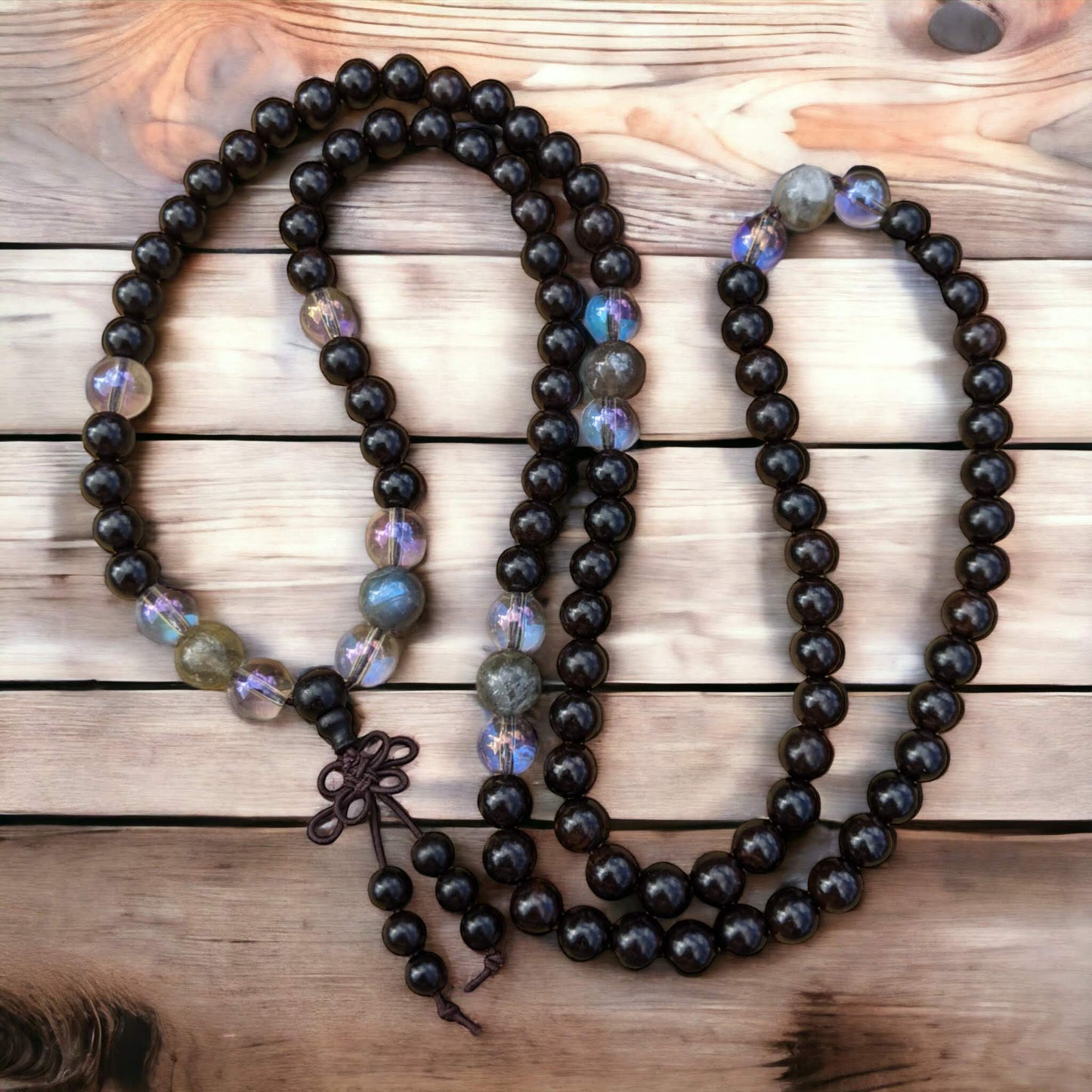 Mala: Mahogany with Blue Neon Crystal and Labradorite