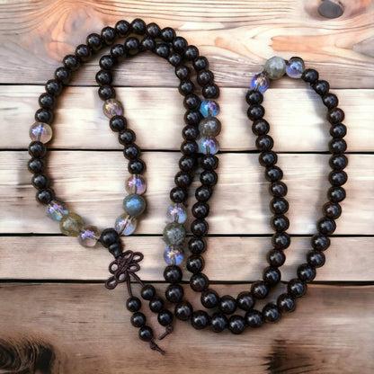 Mala: Mahogany with Blue Neon Crystal and Labradorite