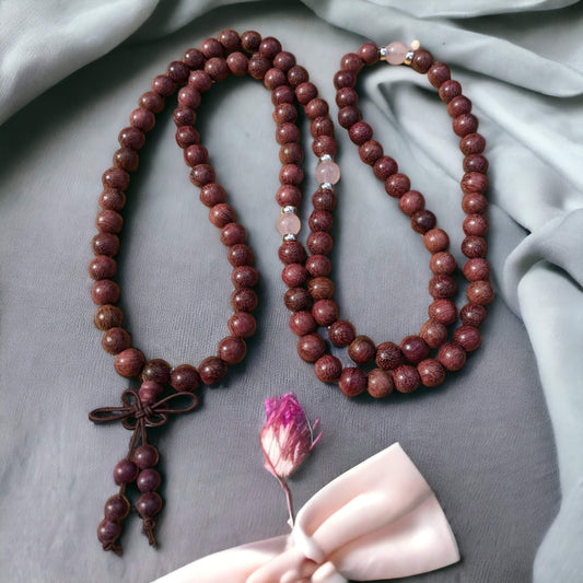 Mala: Rosewood with Rose Quartz and 925 Silver Spacers