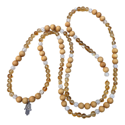 Necklace: Citrine, Sandalwood and Cracked Crystal with Silver Tibetan Hamsa Hand Charm