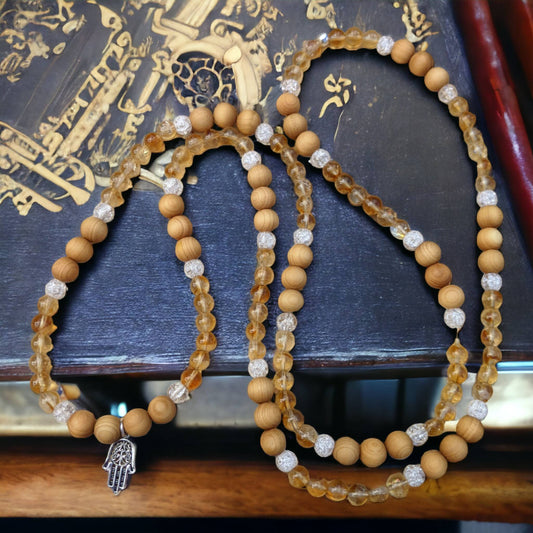 Necklace: Citrine, Sandalwood and Cracked Crystal with Silver Tibetan Hamsa Hand Charm