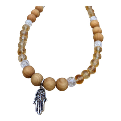 Necklace: Citrine, Sandalwood and Cracked Crystal with Silver Tibetan Hamsa Hand Charm