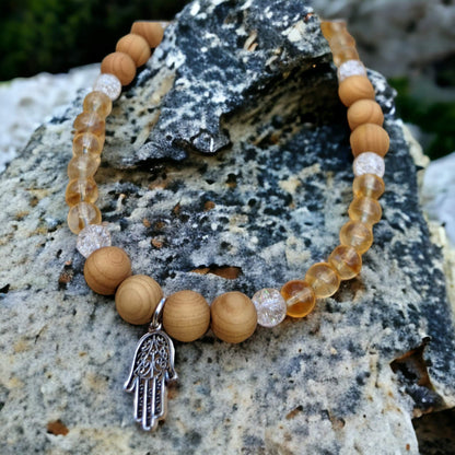 Necklace: Citrine, Sandalwood and Cracked Crystal with Silver Tibetan Hamsa Hand Charm