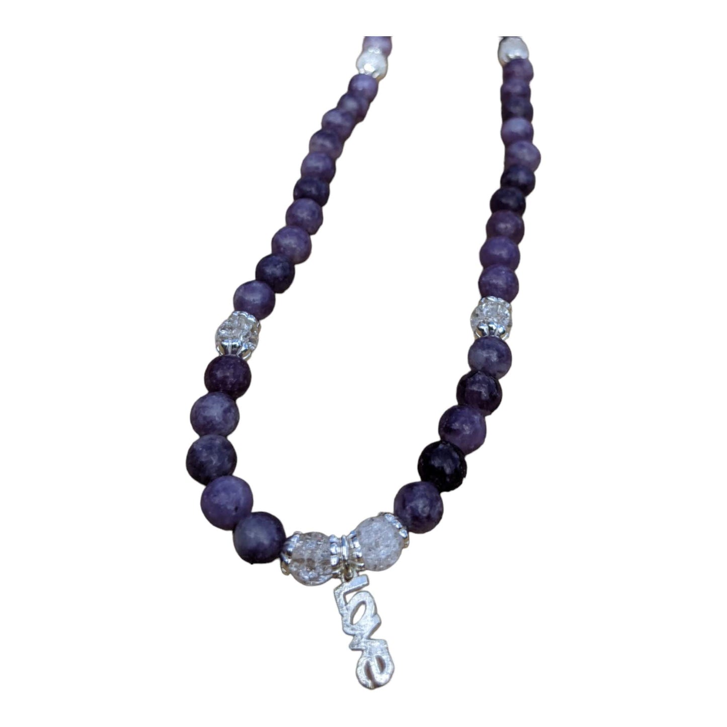 JEWELRY SET: Polished Lepidolite and Cracked Crystal with LOVE Charm Necklace and Bracelet