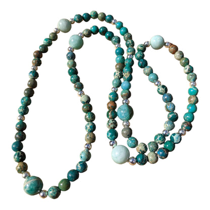 JEWELRY SET: Green Emperor Stone Jasper and Mozambique Amazonite Necklace with White Jade Bracelet