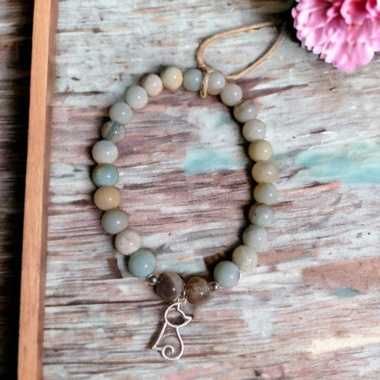 Multi-Colour Amazonite Bracelet with Silver Cat Charm