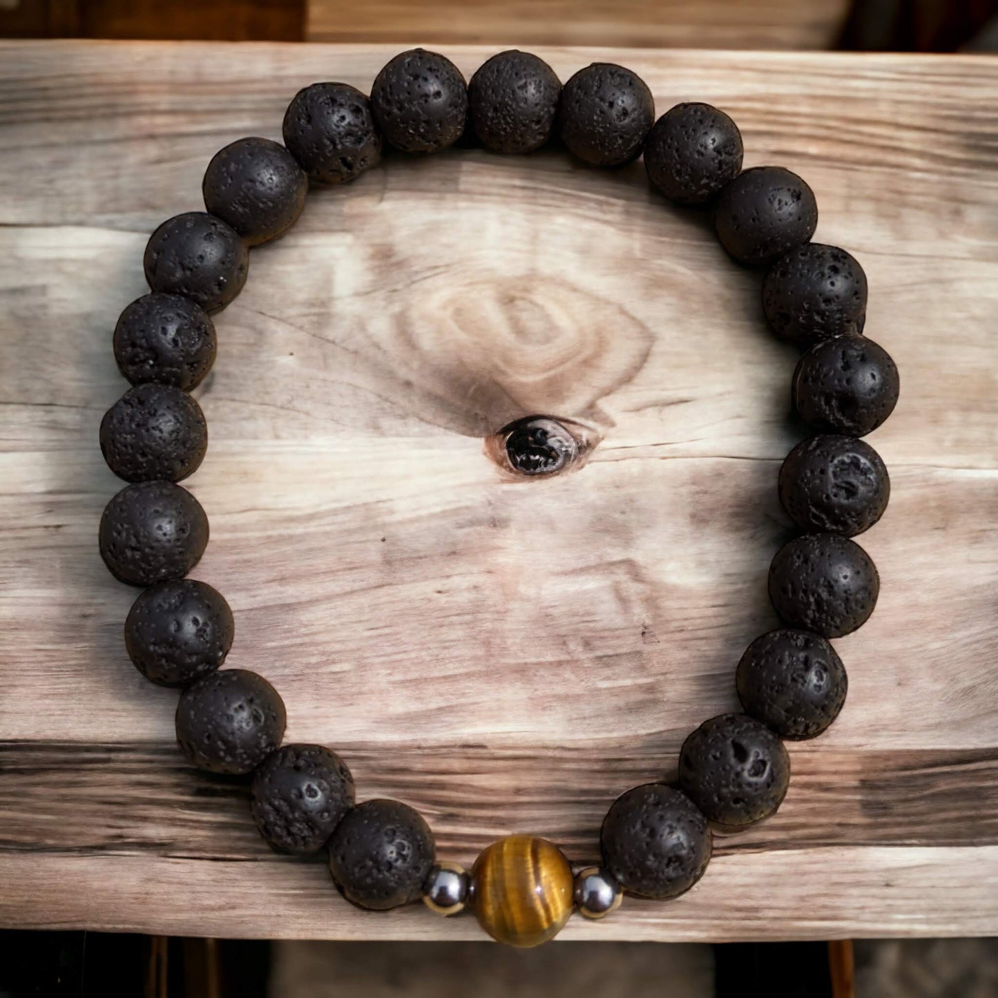 Black Lava Stone Bracelet with Tiger Eye - Diffuse your essential oils!