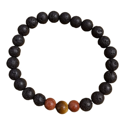 Black Lava Stone Bracelet with Brown Goldstone and Tiger Eye - Diffuse your essential oils!