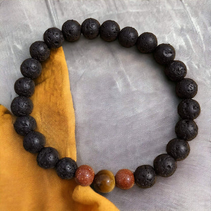 Black Lava Stone Bracelet with Brown Goldstone and Tiger Eye - Diffuse your essential oils!