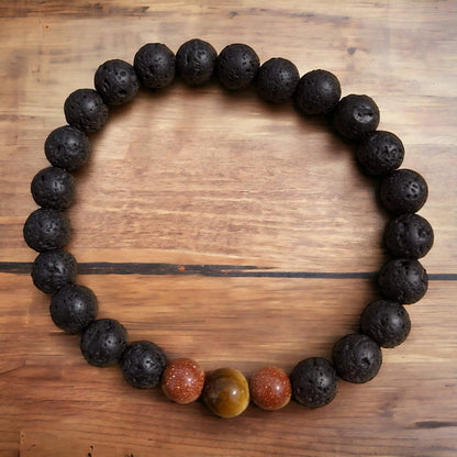 Black Lava Stone Bracelet with Brown Goldstone and Tiger Eye - Diffuse your essential oils!