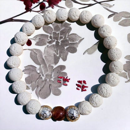 White Lava Stone Bracelet with Carnelian - Diffuse your essential oils!