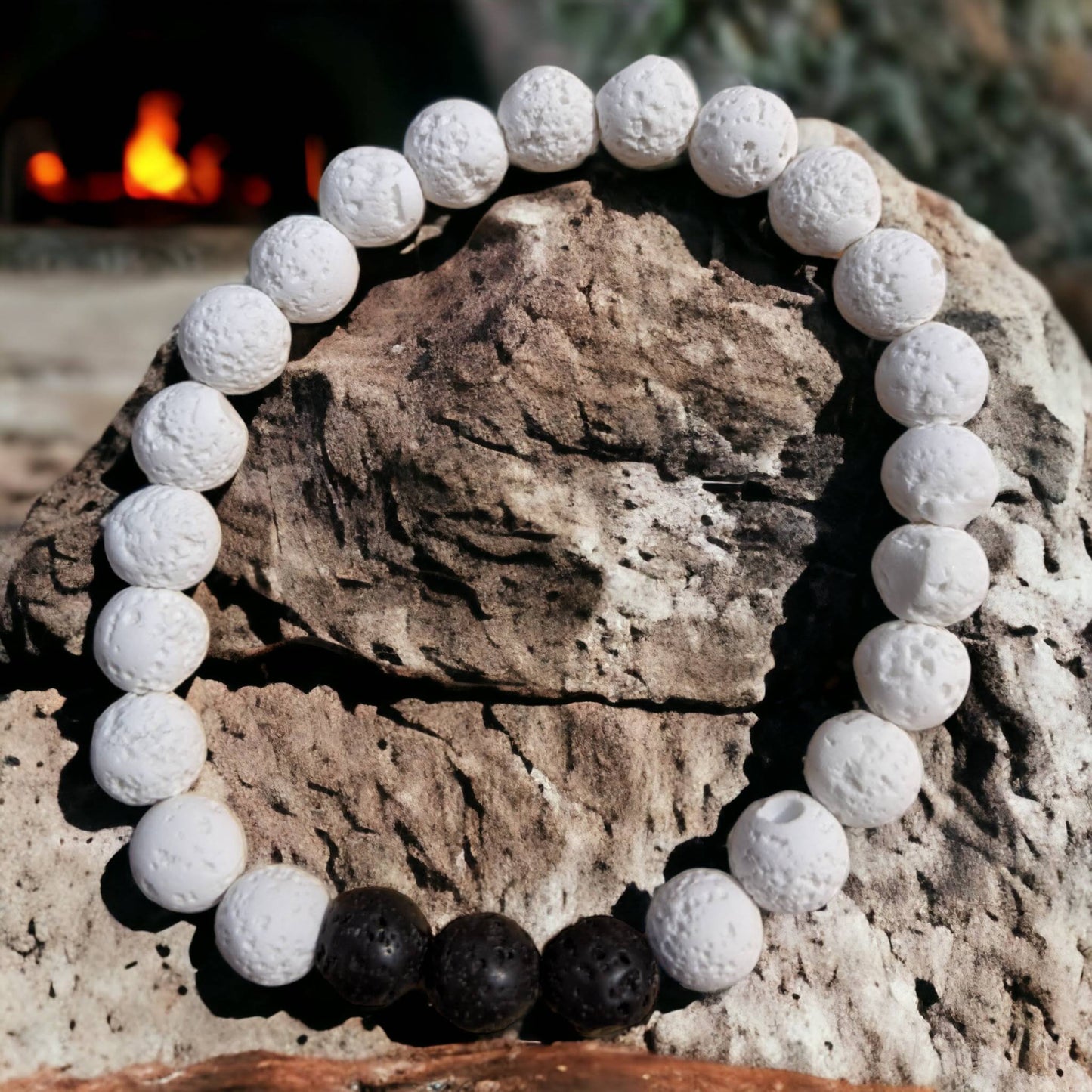 White Lava Stone Bracelet with Black Lava Stone Centre - Diffuse your essential oils!