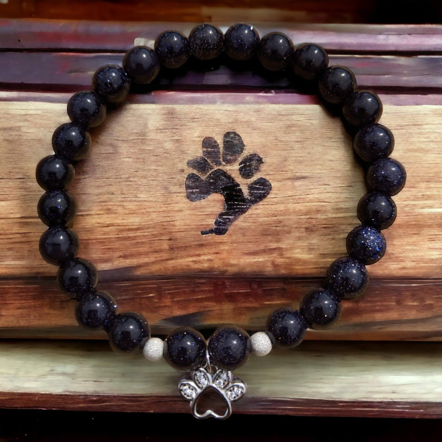 Blue Goldstone Bracelet with Dog Paw Charm