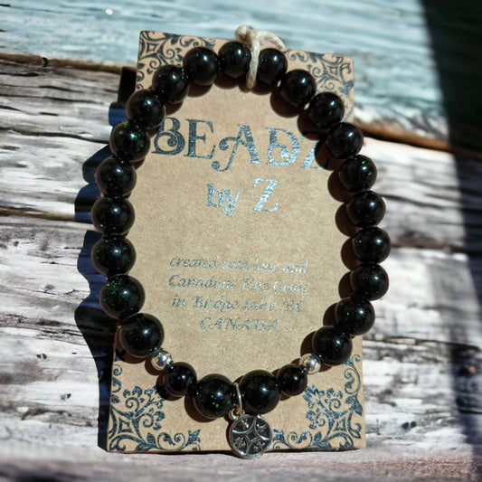 Green Goldstone Bracelet with Tibetan Lucky Coin Charm