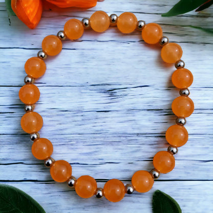 Orange Jade Bracelet with Stainless Steel Spacer Beads