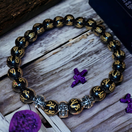 Black Onyx Bracelet with Golden Tibetan Inscriptions, Small SKULL Charm and Small Tibetan Crosses