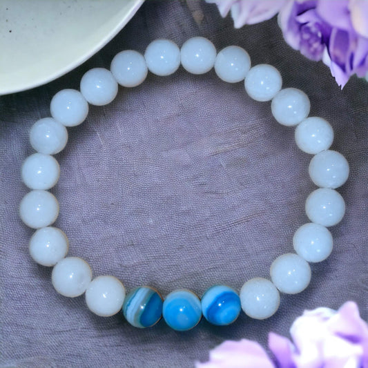 White Jade Bracelet with Blue Sardonyx Trio