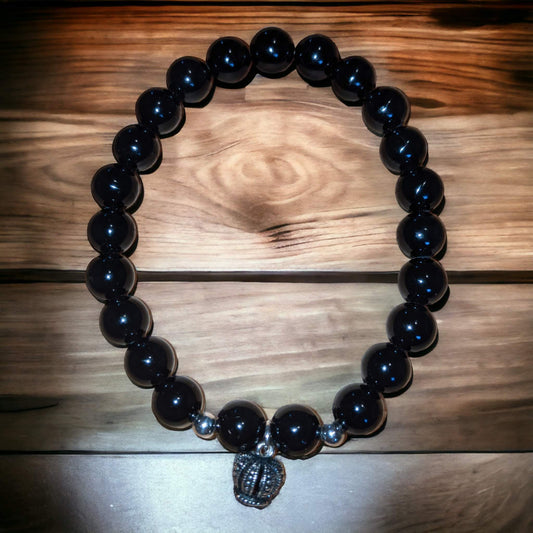 Black Onyx Bracelet with Silver Crown Charm