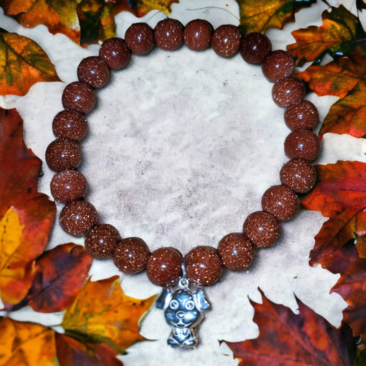 Brown Goldstone Bracelet with Silver Puppy Charm