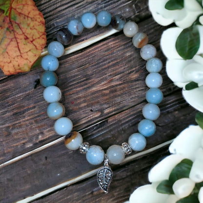 Multi-Colour Amazonite Bracelet with Silver Leaf Charm