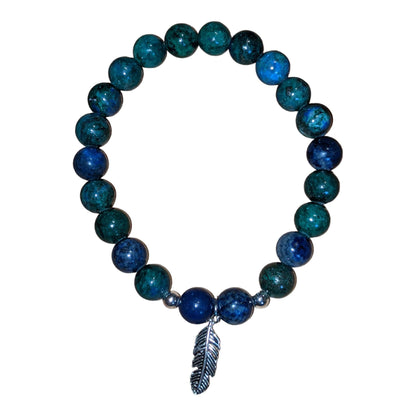 Blue Green Chrysocolla Bracelet with Silver Feather Charm