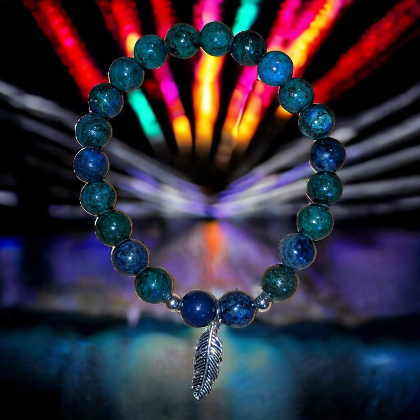 Blue Green Chrysocolla Bracelet with Silver Feather Charm