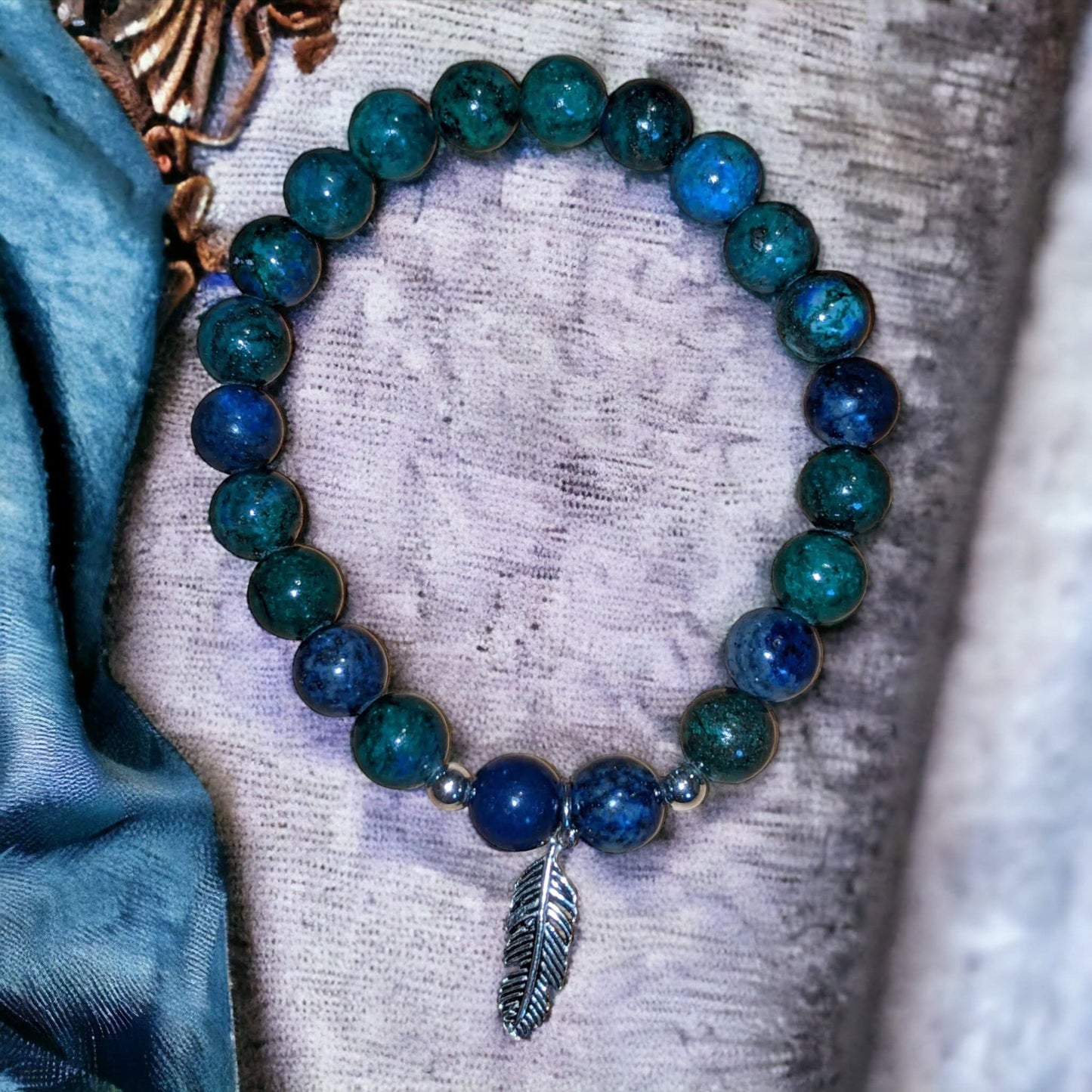 Blue Green Chrysocolla Bracelet with Silver Feather Charm