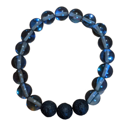 Blue Neon Crystal Bracelet with Trio of Black Lava Stones - Diffuse your Essential Oils!