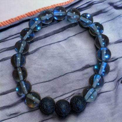 Blue Neon Crystal Bracelet with Trio of Black Lava Stones - Diffuse your Essential Oils!