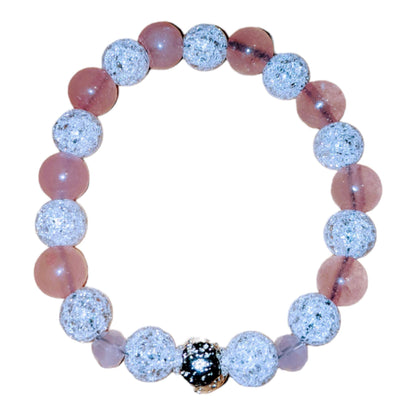 Rose Quartz and Cracked Crystal Bracelet with Silver Plated Lava Stone Centre