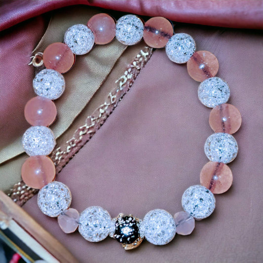 Rose Quartz and Cracked Crystal Bracelet with Silver Plated Lava Stone Centre