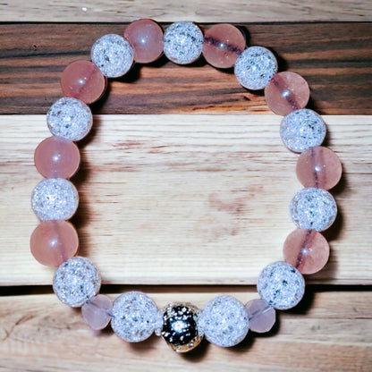 Rose Quartz and Cracked Crystal Bracelet with Silver Plated Lava Stone Centre