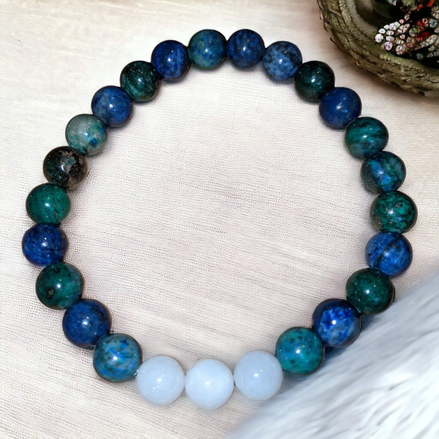 Blue Green Chrysocolla Bracelet with White Jade Trio