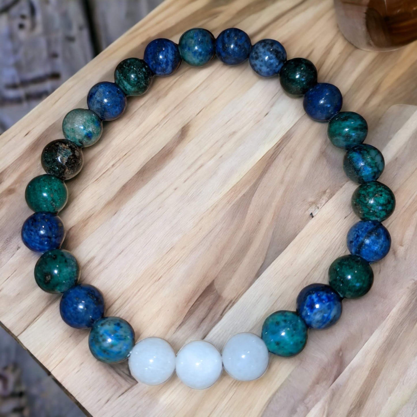 Blue Green Chrysocolla Bracelet with White Jade Trio